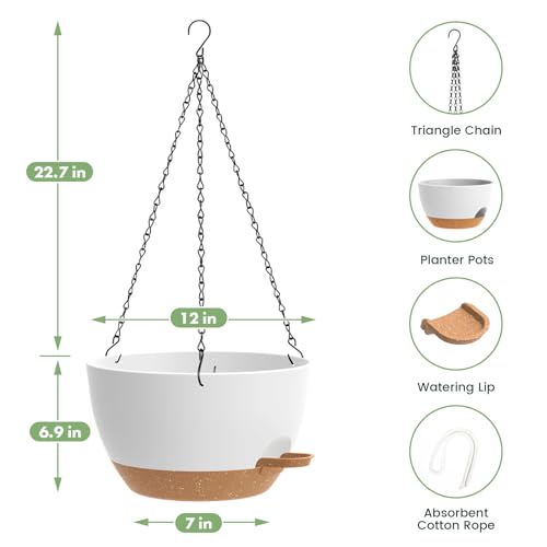 2 Pack 12 Hanging Flower Pots with Chains Self Watering Plastic Planters for Indoor Outdoor Plants, Sturdy Triangular Iron Chain Design for Garden PorchPlastic hanging flower pots (2, White-brown) - color: White-brown
