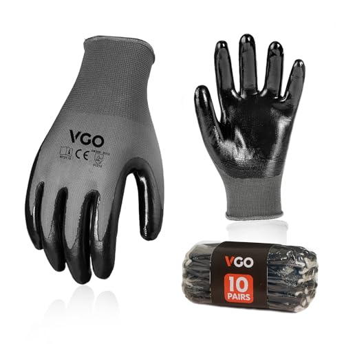 Vgo... 10Pairs Non-Slip Safety Work Gloves,Nitrile Coated (NT2110,L) - color: Gray, size: Large