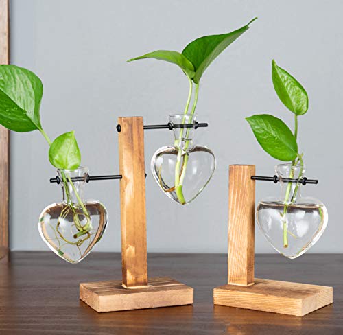 Kingbuy Hydroponic Glass Vase Vintage Desktop Plant Terrarium Planter Bulb Vase Water Planting Propagation Vase Planters Hydroponics Plants with Retro Wooden Stand Home Garden. (D(1 Heart Vase)) - size: Heart （1 Bulb Vase）