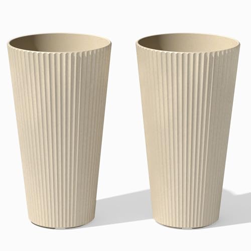Veradek Demi Series Tall Planter - Tall Tapered Outdoor Planter with Shelf - color: Sand, style: Narrow Groove -2 Pack