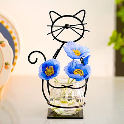Desktop Cat Planter Propagation Station, Glass Vase Metal Stand - color: Cat