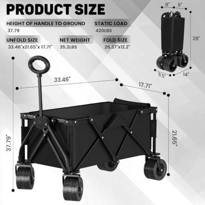 LEVELEVE Heavy Duty Folding Wagon Collapsible Cart, 420Lb Capacity, All-Terrain Wheels w/Brakes & Side Pockets (Black)