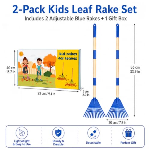 2 Pack Kids Leaf Rakes, 34” Adjustable Small Garden Rakes for Leaves - color: Blue
