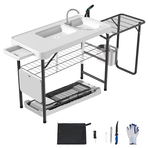Dragosum Fish Cleaning Table with Dual Sinks & Folding Extension Board - color: White & Black, size: with Grill Extension Board