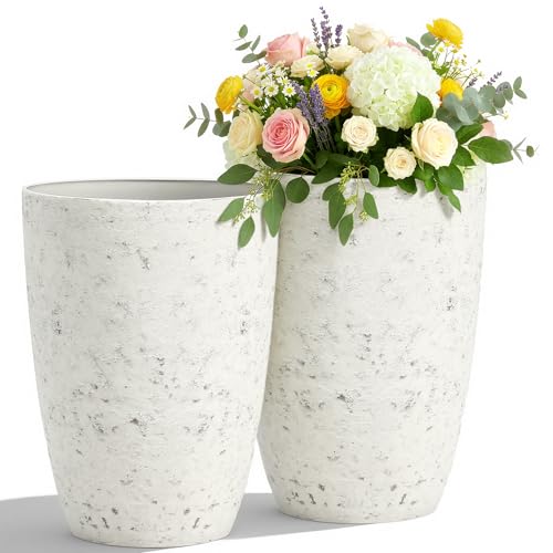 Autodaya 19.5" Resin Tall Planters for Outdoor Plants, Set of 2 Flower Pots - color: Country Round White-19.5"