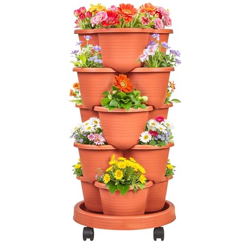 VECELO 5 Tier Vertical Garden Planter, Self Watering Stackable Planters with Wheels for Strawberries, Herbs, Flowers, Vegetables, Red - color: Red, size: 5 Tier
