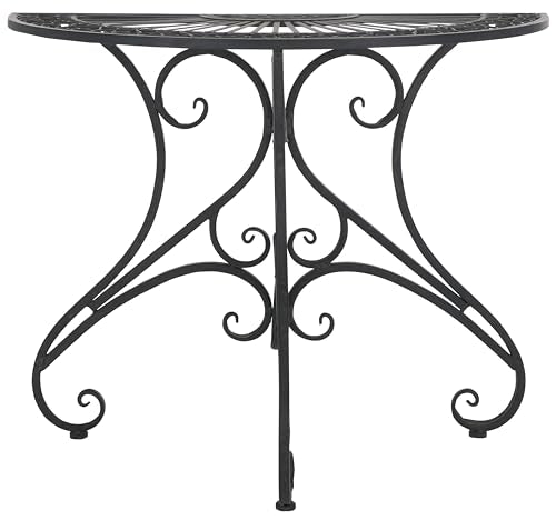 SAFAVIEH Outdoor - Annalise Half-Moon Accent Table - Black Iron Metal - Vintage Baroque Scrollwork - Ideal for Patio, Deck, Porch, Garden, 35.5" W x 18.5" D x 29" H (PAT5008E) - color: Black