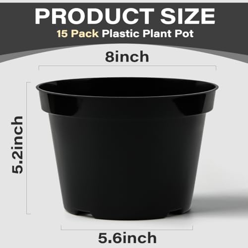 BTPLASTIK 8 Inch Plastic Plant Pots, 15 Pack Sturdy Nursery Pot with Drainage Holes, Flower Planter Pots for Indoor Outdoor, Garden Containers Sets for Vegetable Herbs Flowers, Black - color: Black, size: 8 Inch-15P