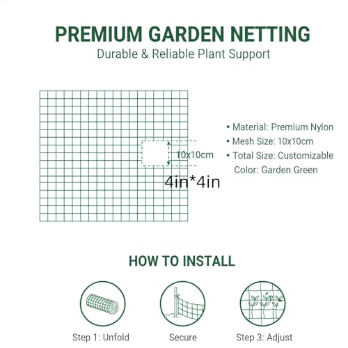 Heavy Duty Trellis Netting for Climbing Plants, Garden Netting for Vegetables, Strong Plant Support Net for Cucumbers, Tomatoes & Peas, with 50 Plant Ties - size: 6.6 ft x 32.8 ft