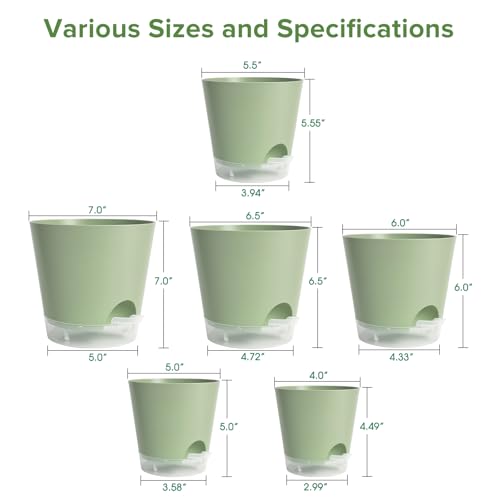 GARDIFE 2026 Upgraded Self Watering Plant Pots with Drainage Hole, 7/6.5/6/5.5/5/4 Inch Flower Planting Containers for House Plants, African Violet, Flowers, Cactus (Green, 7+6.5+6+5.5+5+4 inch) - color: 7-green-upgraded, size: 7+6.5+6+5.5+5+4 inch