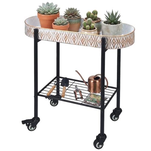 Growsun Metal Rolling Succulent Plant Stand with Drainage Holes Indoor Outdoor Plant Cart - color: White Brush Gold, size: Small