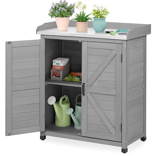 Outdoor Storage Cabinet & Potting Bench Table with Metal Top, Wooden Patio Furniture, Garden Workstation (Classic Grey, 39x31.5x17in) - color: Classic Grey, size: 39x31.5x17in
