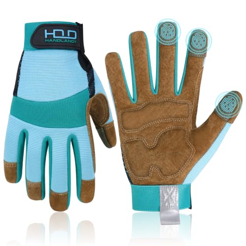 HANDLANDY Work Gloves for Women, Breathable Leather Gardening Glove for Yard Maintenance, Hand Protection with Touch Screen - color: Coffee-blue, size: Medium (Pack of 1)