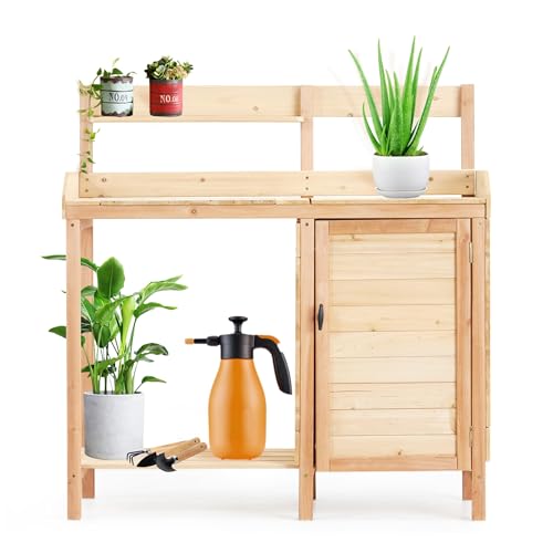 42" Outdoor Potting Bench with Sink, Wooden Potting Table with Sliding Tabletop, Storage Cabinet & Bottom Shelf, Garden Work Bench for Patio Backyard Porch, Natural