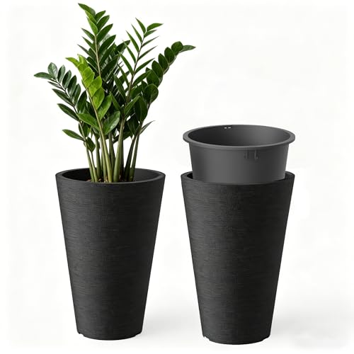 Kante 2-Pack All-Weather 13" H Round Tapered Black Plastic Planters - color: Brunish Black, size: 13" H