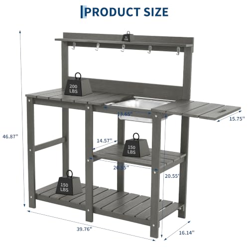 Potting Bench,Outdoor Potting Bench Table with Metal Sink,Expandable Tabletop - color: Night Frost Gray