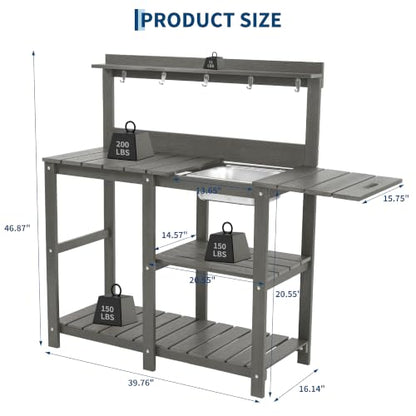 Potting Bench,Outdoor Potting Bench Table with Metal Sink,Expandable Tabletop - color: Night Frost Gray