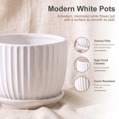White Plant Pots,Ceramic Flower Pot Set of 3 with Drainage Holes & Saucers - color: White