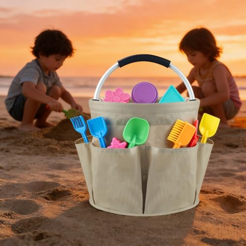Cleaning Caddy with Handle, Foldable Cleaning Tote Bag with Multiple Pockets, 17L Cleaning Products Organiser, Portable Cleaning Bucket Bag for Home, Garden, Picnic & Beach