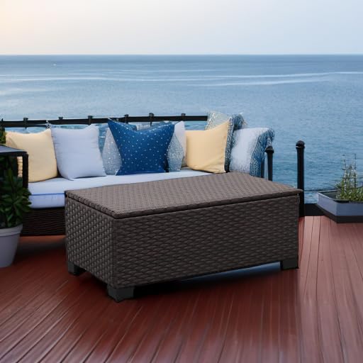 Rattaner Outdoor Storage Table Wicker Patio Coffee Table All-Weather Wicker Side Table with Waterproof Cover, Brown - color: Brown