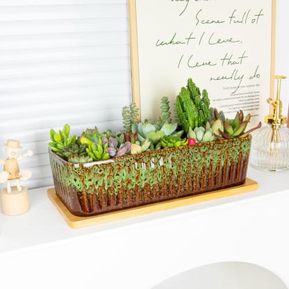 Succulent Pots, 12'' Long Rectangle Planters with Tray, Windowsill Planter - color: Green