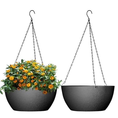 WSMKSZ 13 inch Large Hanging Planters Plant Pots for Outdoor Indoor Plants with Drainage Holes and Chain, 2 Pack Round Hanging Flower Pots for Garden Home Porch Decor, Black - color: Black, size: 13inch 2pcs