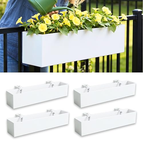 LaLaGreen Planter Boxes Outdoor (24 Inch, 4 Pack) White Metal Rectangular Railing Flower Box with Brackets, Deck Railings Planters Fence Balcony Patio Porch Plant Holder Stylish Garden Decor Over Rail - size: 24" x 4 Pack