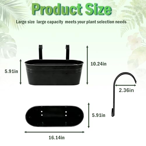 Metal Railing Planter Boxes 16 Inch, 3-Pack Adjustable Hanging Flower Pots for Balcony, Deck, Porch & Fence, Detachable Hook Design, Black Heavy Duty Planters for Outdoor - color: Black, size: 16 Inch