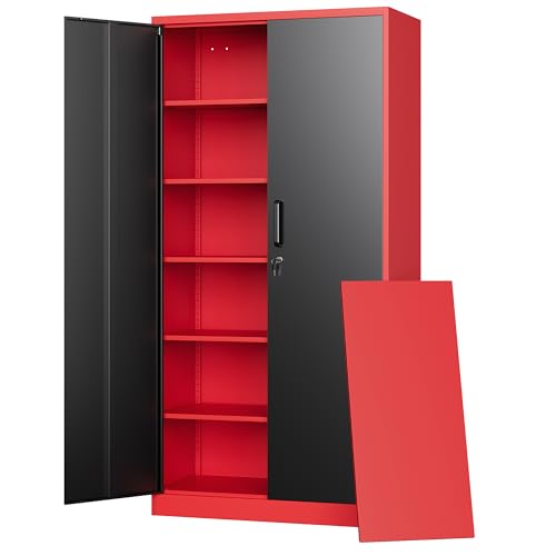 Letaya Metal Garage Storage Cabinets with Lock, 71" Tall Locker Organizer Steel Tool Cabinets,5 Adjustable Shelves 2 Doors for Home Office, Warehouse,Garage,Industrial,Employee (Black Red) - color: Black Red, size: 71 X 32 X 16 In(H X W X D)
