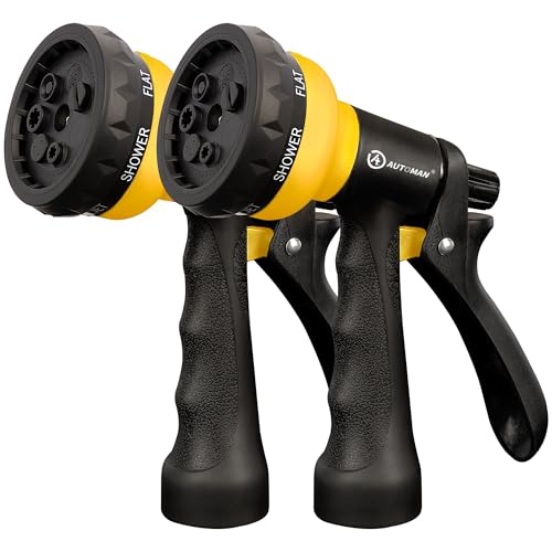 AUTOMAN-Garden-Hose-Nozzle, 2 Pack ABS Water Spray Nozzle with Heavy Duty 7 Adjustable Watering Patterns,Slip Resistant for Watering Plants,Lawn& Garden,Washing Cars,Cleaning,Showering Pets - Yellow - color: Yellow
