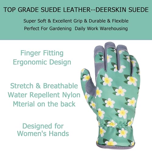 SKYDEER Premium Genuine Deerskin Suede Women's Gardening Gloves, Ultra-Soft Padded, Comfort Fit for Work, Medium, SD6611/M - color: Deerskin Suede Green, size: Women(M)