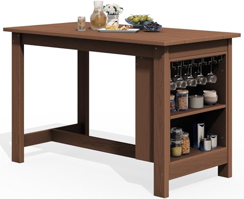 SERWALL Outdoor HDPE Counter-Height Bar Table with Storage Rack, Brown - color: Brown, size: 1 Bar Table