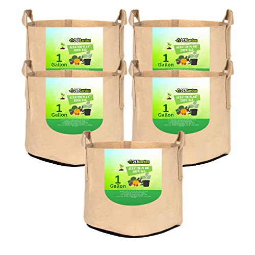 247Garden 5-Pack 1-Gallon Aeration Fabric Pot/Plant Grow Bag w/Handles (260 GSM, Tan w/Black Base, 6H x 7D) - color: Tan, size: 1 Gallon