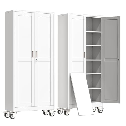 erosoei 75" H Metal Garage Storage Cabinet, Rolling Tool Cabinet with 2 Doors and Wheels, Locker Steel Cabinet with 5 Adjustable Shelves, Organization Cabinet for Garage,Office,Home,Gym,School（White） - color: White, size: 75"-CasLck