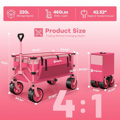 Originsure 220L Collapsible Beach Wagon Cart with Big Wheels, 460lbs, Pink - color: Pink