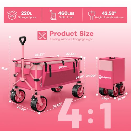 Originsure 220L Collapsible Beach Wagon Cart with Big Wheels, 460lbs, Pink - color: Pink
