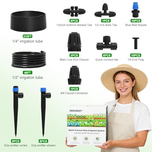 2026 Upgrade 256FT Quick-Connect Drip Irrigation System Kit with 1/4” & 1/2” Fast-Lock Tubing, Adjustable Emitters & Sprinklers for Garden & Greenhouse - size: 256 FT