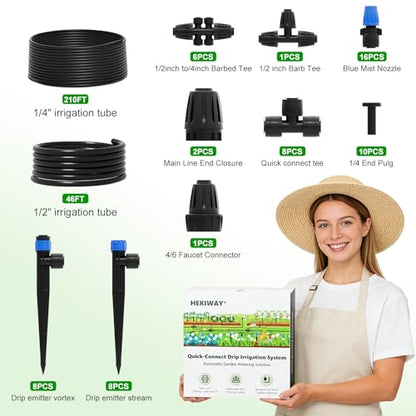 2026 Upgrade 256FT Quick-Connect Drip Irrigation System Kit with 1/4” & 1/2” Fast-Lock Tubing, Adjustable Emitters & Sprinklers for Garden & Greenhouse - size: 256 FT