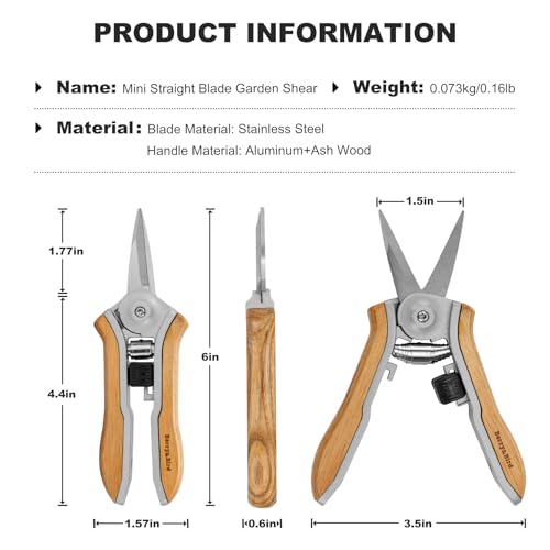 Berry&Bird Mini Pruning Shears for Gardening Straight Blades Hand Pruners with Wooden Handle Garden Scissors Snips Stainless Steel Trimming Small Clippers Bonsai Compact Size Shearing Tool - style: 6'' Straight Blade Scissors