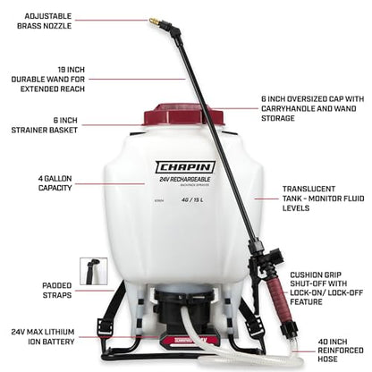 CHAPIN 63924 4-Gallon 24V Battery Backpack Sprayer, 2-Hour Runtime - style: 4 Gallon, 24v Battery