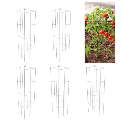 46" Height 12" Width 5PCS Galvanized Square Folding Tomato Cage,Plant Support Stake Tower - size: 12*46inch Sq-Galvanized-5Pack