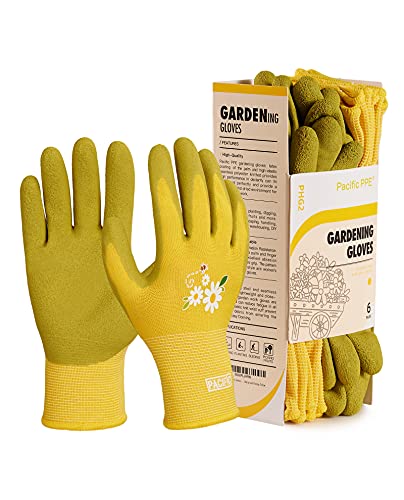 PACIFIC PPE 6 Pairs Gardening Gloves for women, Rubber Coated Garden Gloves, Ladies Yard Work Gloves, Breathable, Yellow, Medium - color: Yellow, size: Medium (Pack of 6)