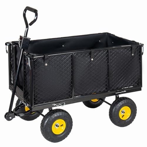 880 lbs Garden Dump Cart, 4-in-1 Heavy Duty Steel Utility Wagon Yard Cart with Removable Sides & Liner, Flatbed Mesh Garden Cart with 10" Tires for Lawn Backyard Farm,Black - color: Black