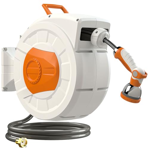 Retractable Garden Hose Reel 100 FT, 1/2" Heavy Duty Garden Hose - color: White & Orange