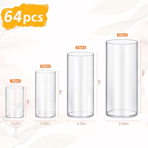 64 Pack Glass Cylinder Vases 4,6,8,10 Inch Tall Clear Flower Vase Hurricane Floating Candle Holder for Table Centerpiece Wedding Home Decor - size: 64 Pack(4,6,8,10)
