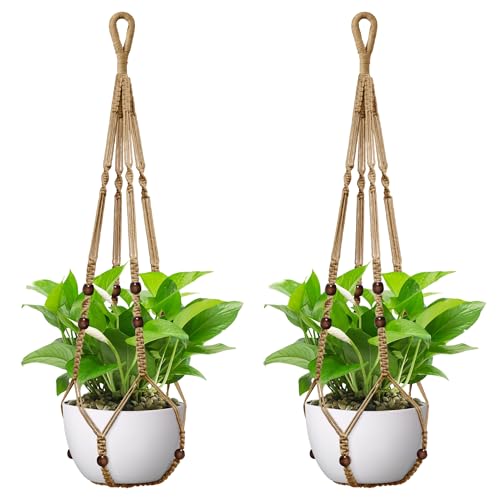 USLAI Macrame Plant Hanger, for Up to 15 Inch Pots, 35 Inch, Brown, 2 Pack - color: 35+35 Inch - Brown