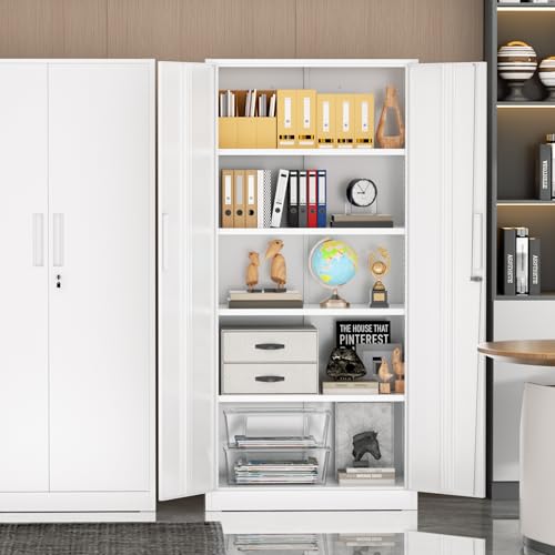 Incbruce 72” Metal Storage Cabinet, Locking Tall Steel Storage Cabinet with 2 Doors and 4 Adjustable Shelves for Garage, Home, Office (White) - color: White, size: 72"Storage Cabinet