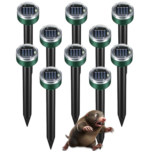Mole Repellent 10 Pack, Solar Powered Waterproof Sonic Spikes, Outdoor Long-Lasting Snake Chaser Stakes, Get Rid of Groundhog Chipmunk Vole for Lawns, Garden, Farm & Yard