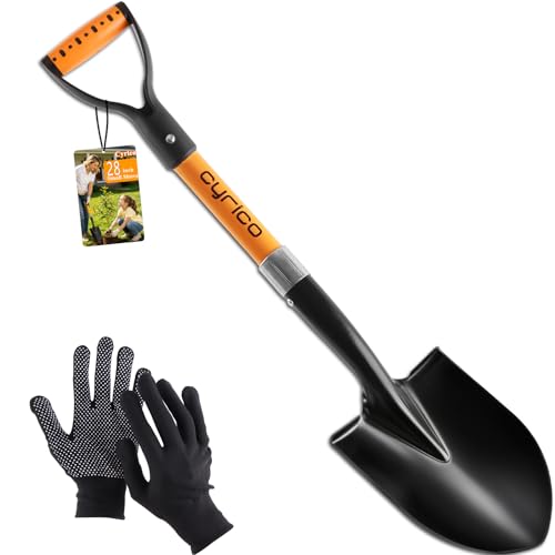 Cyrico 28 Inch Shovel for Digging, Heavy Duty Round Point Garden Shovel with D-Handle Fiberglass Handle, Portable Small Shovel for Gardening Landscaping Camping Snow Removal Beach Car Emergency Tool