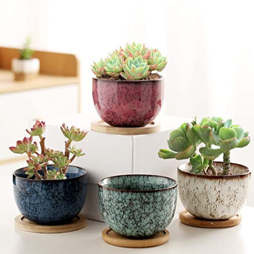 jessie Succulent Pots Ceramic Flower Pots Round Vintage Glazed Planters for Succulents Plants Live with Tray for Cute Plant Flower Outdoor Indoor Set of 4 - color: 4 Colors Round